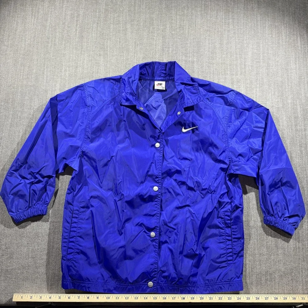 Vintage Nike Jacket Kids Medium 10-12 Blue Nylon Swoosh Snap Windbreaker 90s